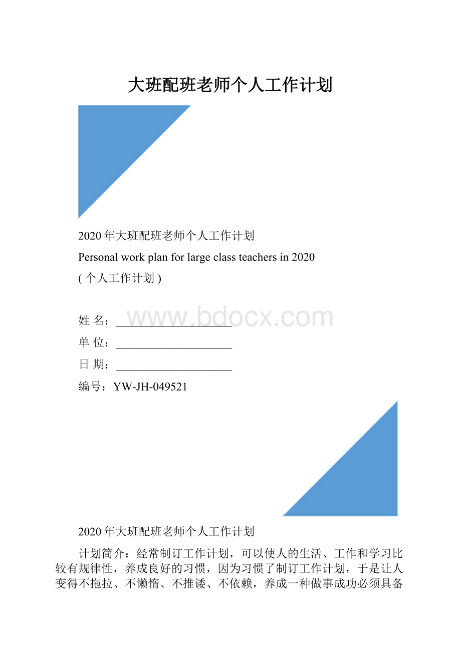 大班配班老师个人工作计划.docx