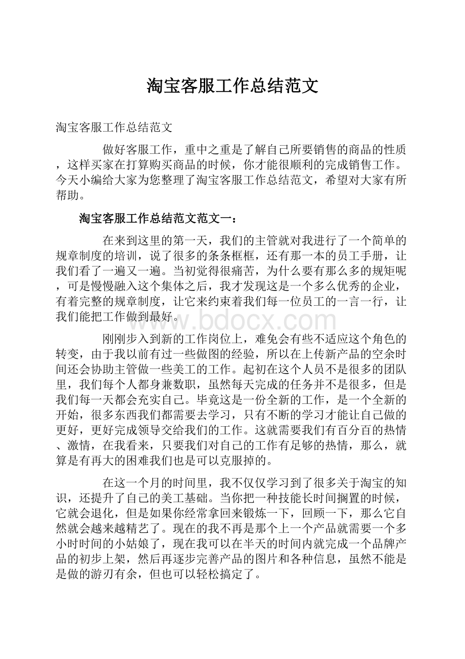 淘宝客服工作总结范文Word格式文档下载.docx