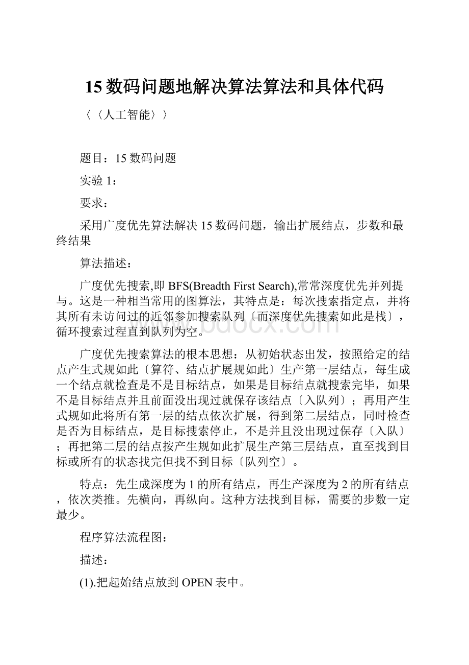 15数码问题地解决算法算法和具体代码Word格式文档下载.docx_第1页