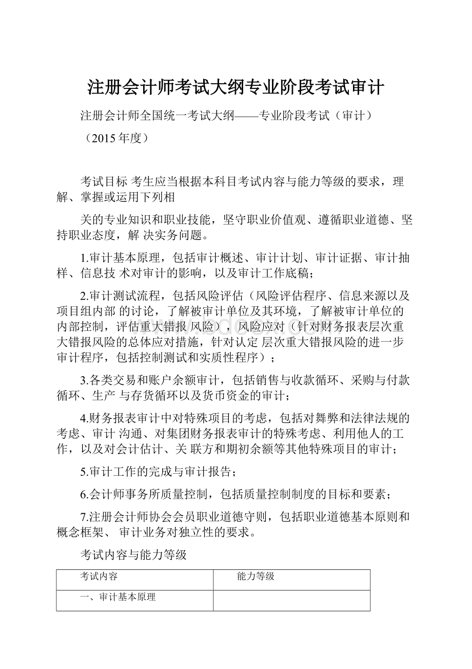 注册会计师考试大纲专业阶段考试审计.docx_第1页