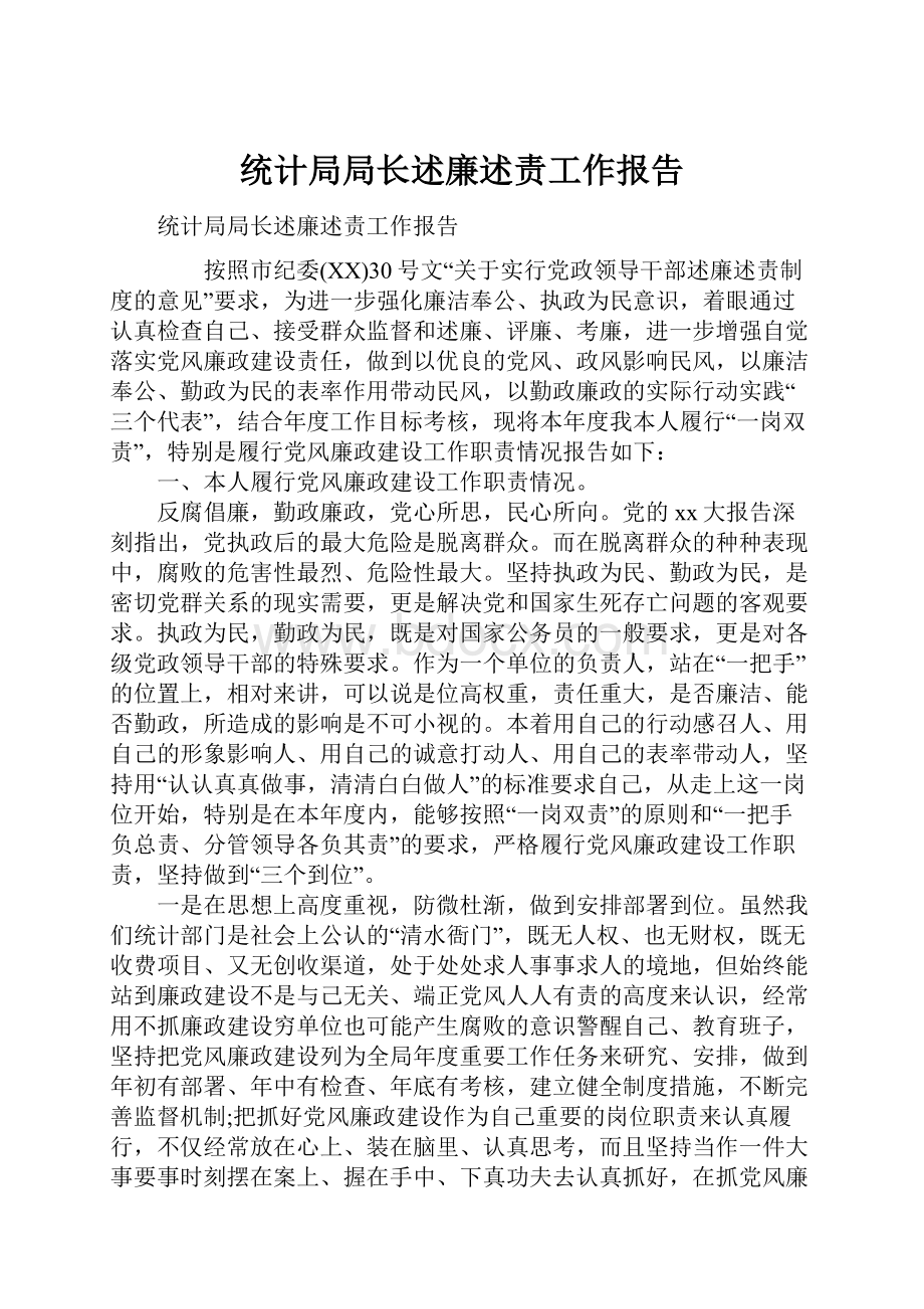 统计局局长述廉述责工作报告Word下载.docx