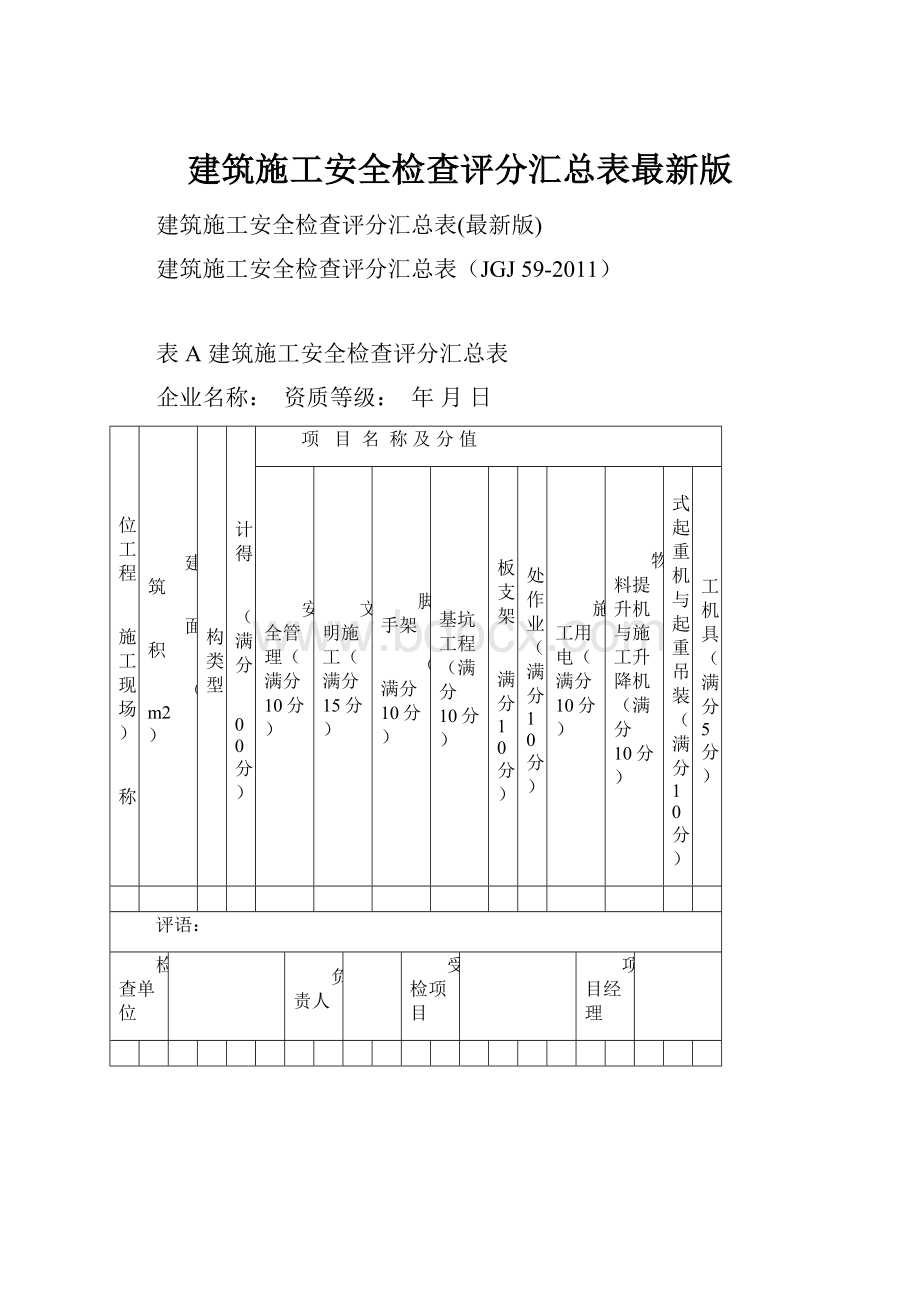 建筑施工安全检查评分汇总表最新版.docx