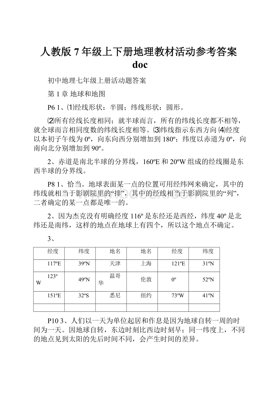 人教版7年级上下册地理教材活动参考答案doc.docx