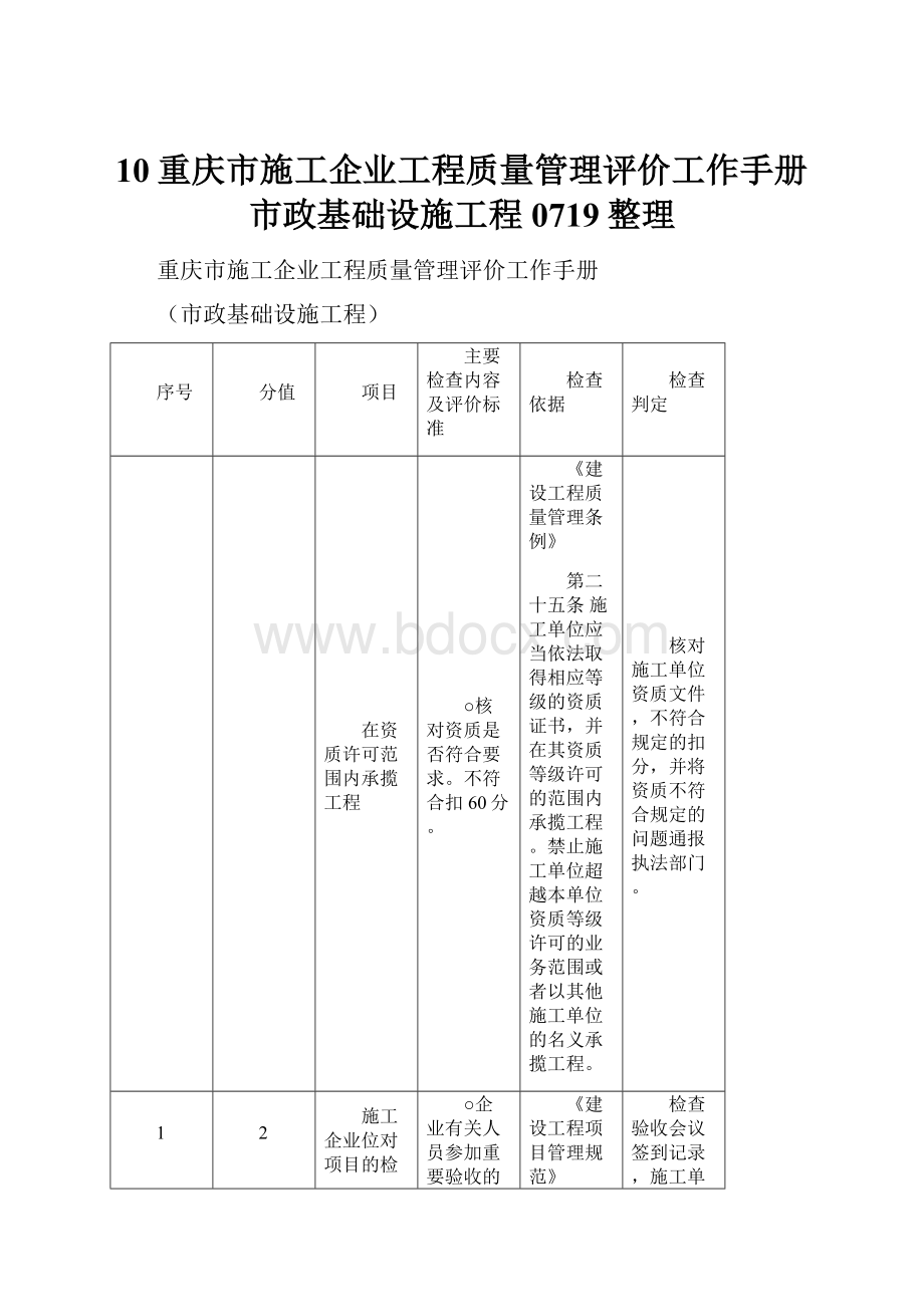 10重庆市施工企业工程质量管理评价工作手册市政基础设施工程0719整理.docx