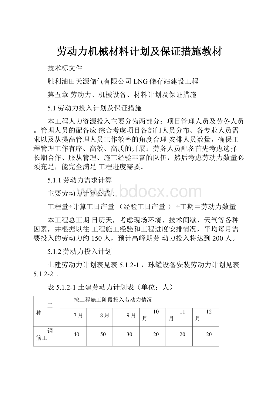 劳动力机械材料计划及保证措施教材.docx_第1页