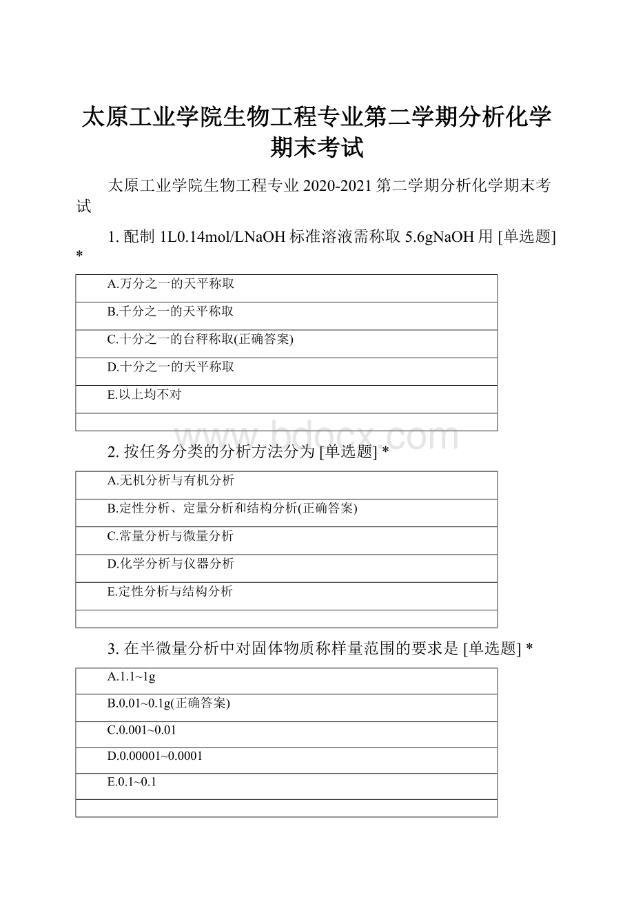 太原工业学院生物工程专业第二学期分析化学期末考试Word格式文档下载.docx_第1页