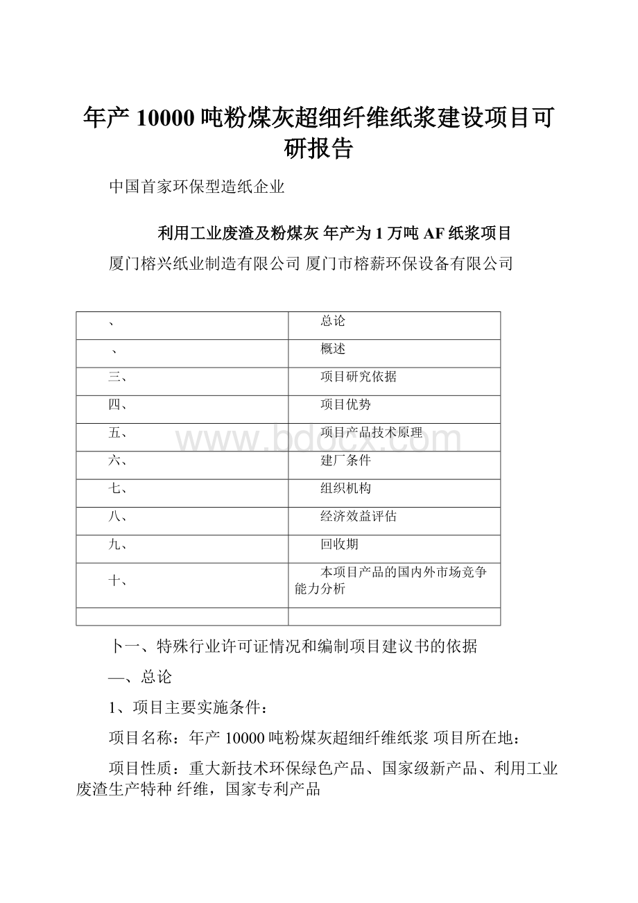 年产10000吨粉煤灰超细纤维纸浆建设项目可研报告Word格式.docx