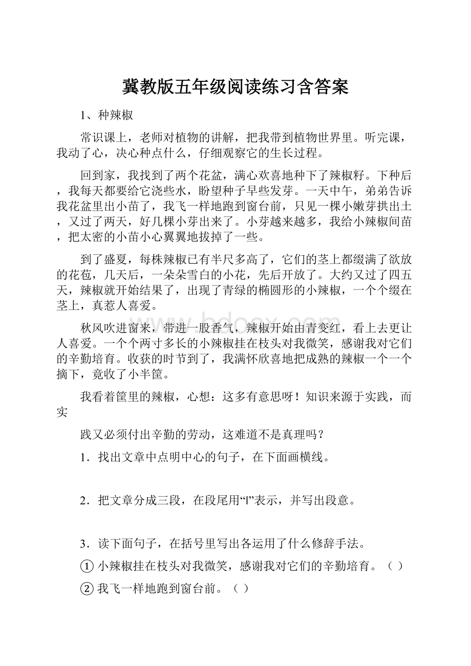 冀教版五年级阅读练习含答案.docx