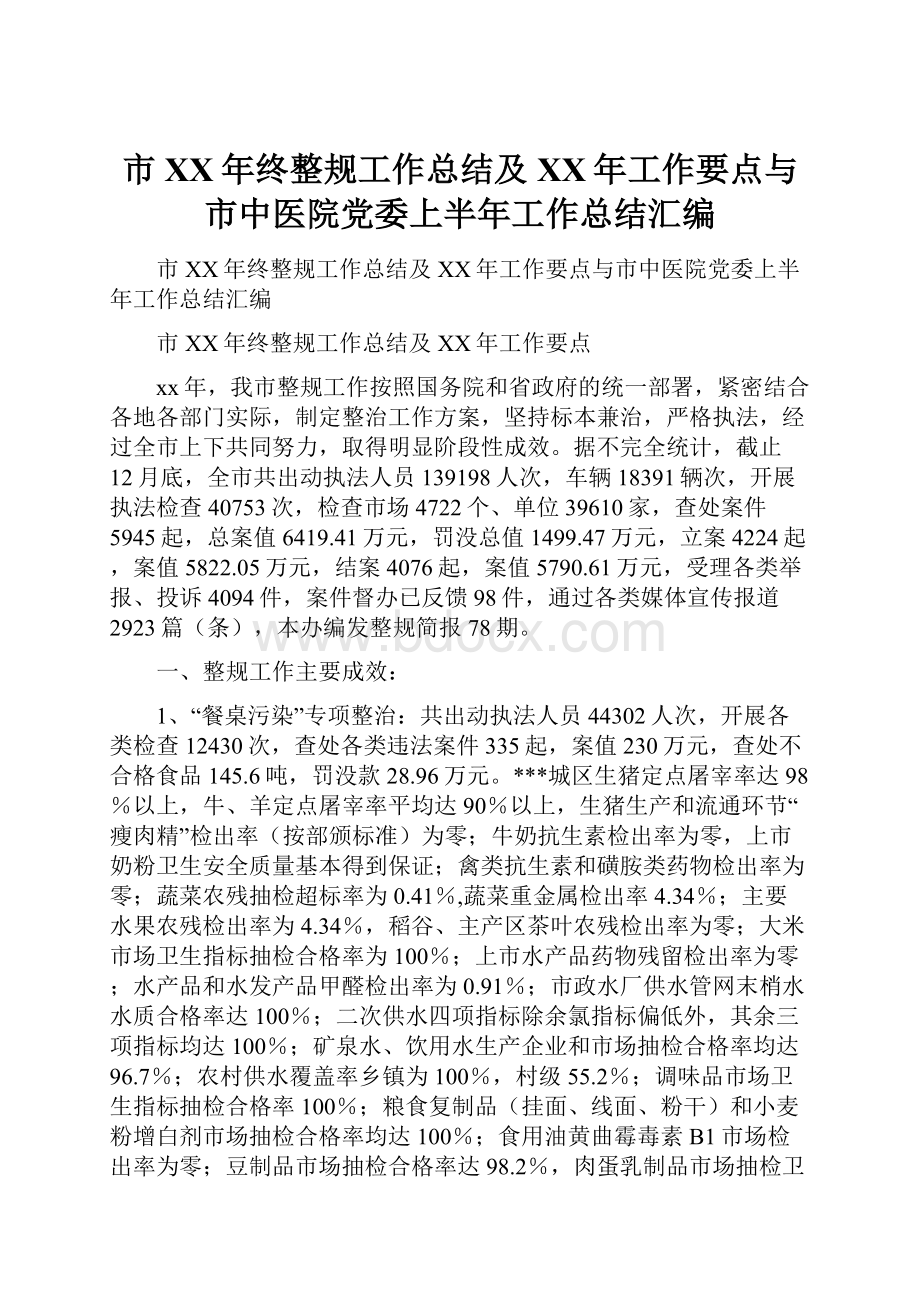 市XX年终整规工作总结及XX年工作要点与市中医院党委上半年工作总结汇编.docx_第1页