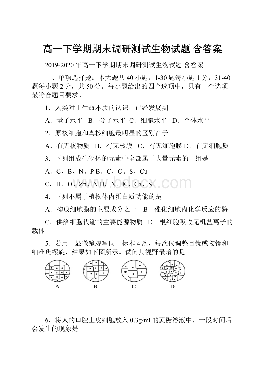 高一下学期期末调研测试生物试题 含答案Word下载.docx_第1页