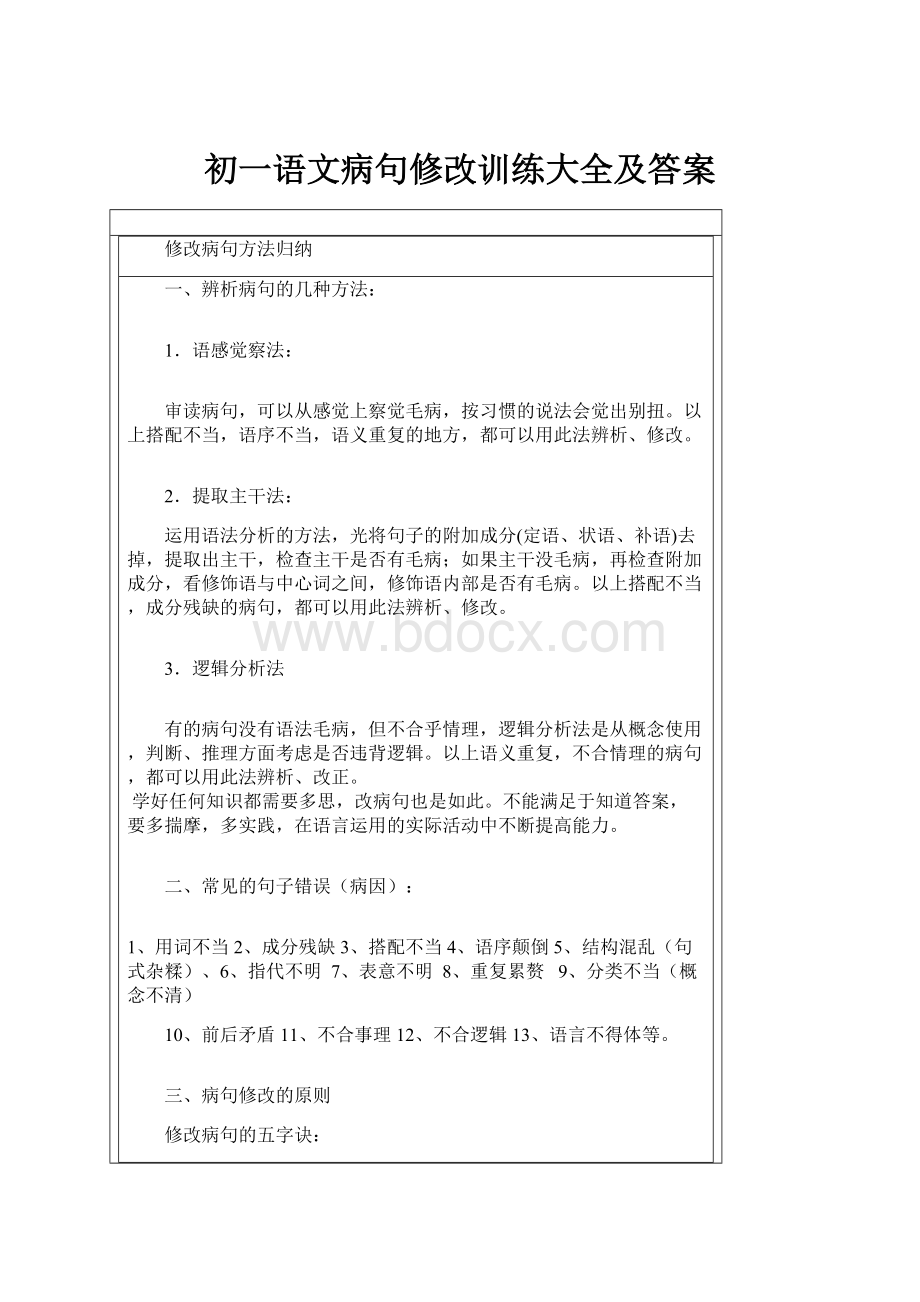 初一语文病句修改训练大全及答案.docx