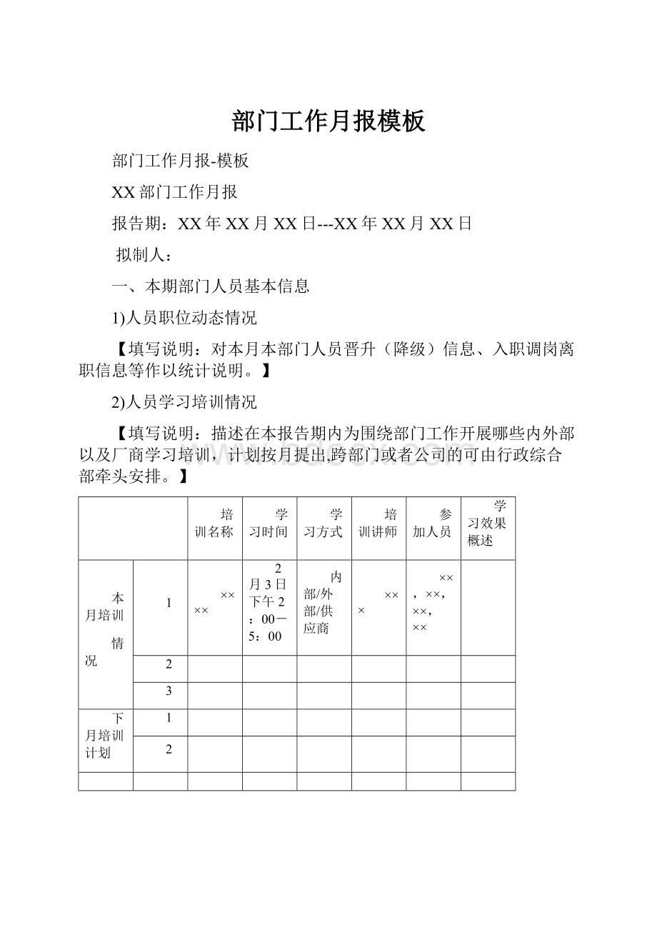 部门工作月报模板Word格式文档下载.docx