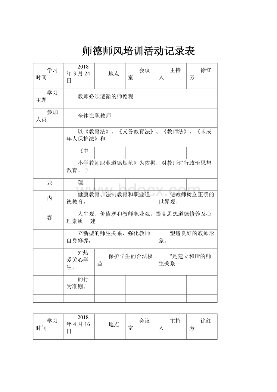 师德师风培训活动记录表.docx_第1页