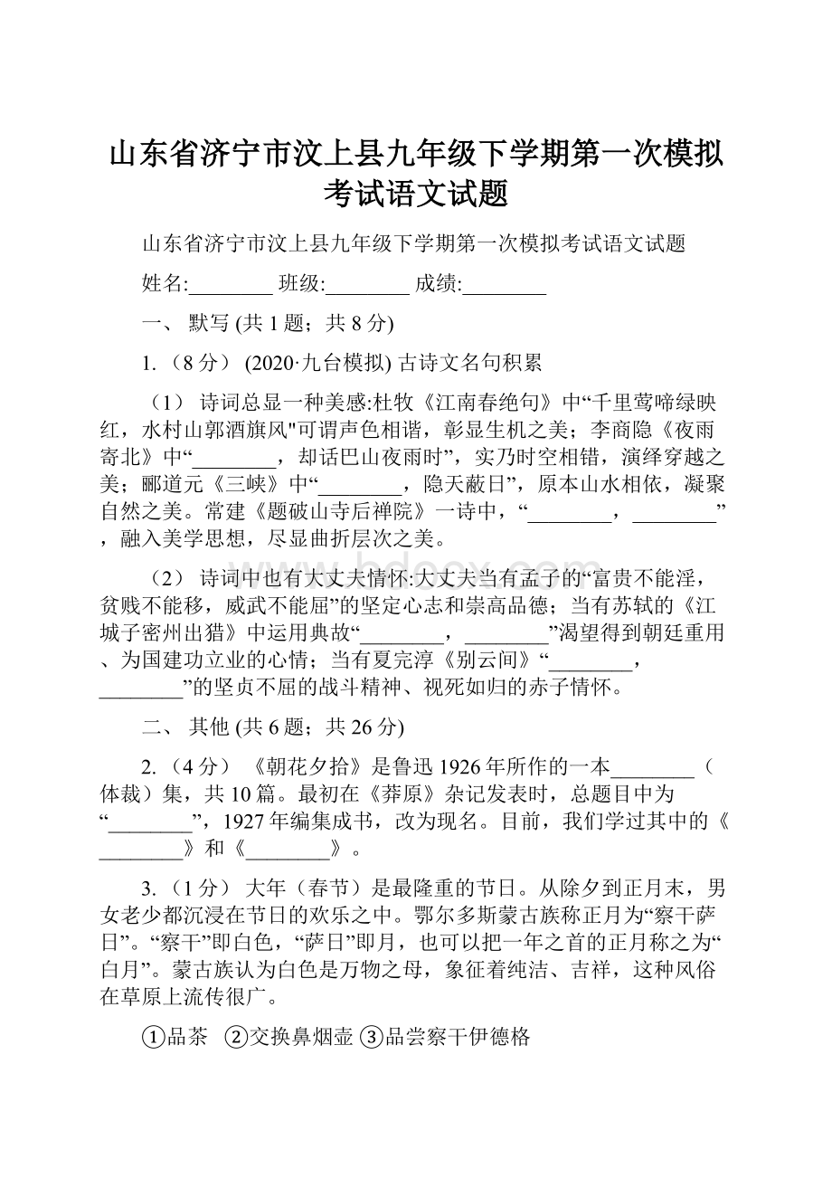 山东省济宁市汶上县九年级下学期第一次模拟考试语文试题.docx