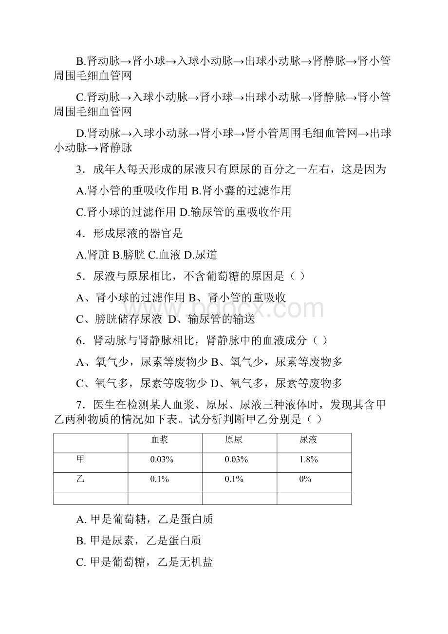 体内物质的动态平衡 泌尿系统 习题题量多 含答案.docx_第2页