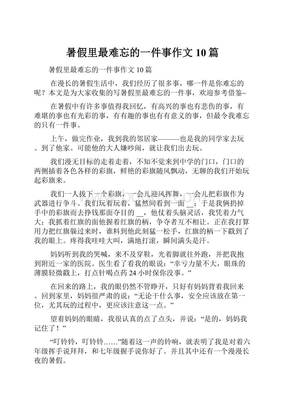 暑假里最难忘的一件事作文10篇.docx