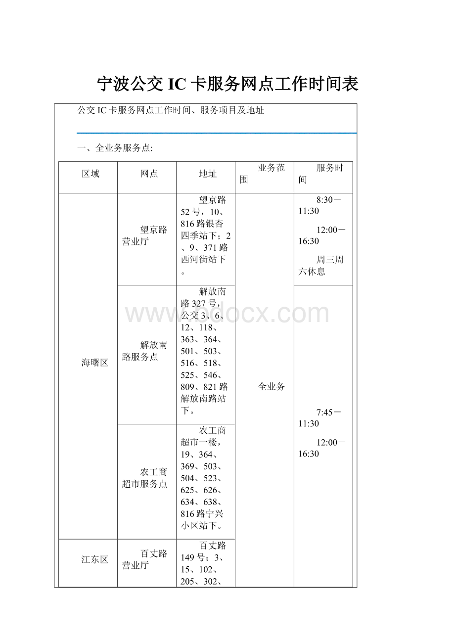 宁波公交IC卡服务网点工作时间表.docx_第1页