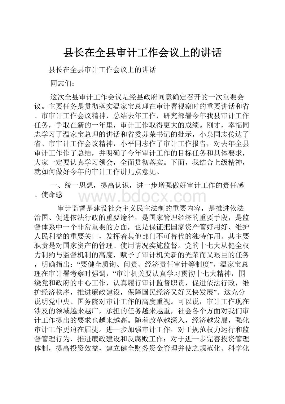 县长在全县审计工作会议上的讲话.docx