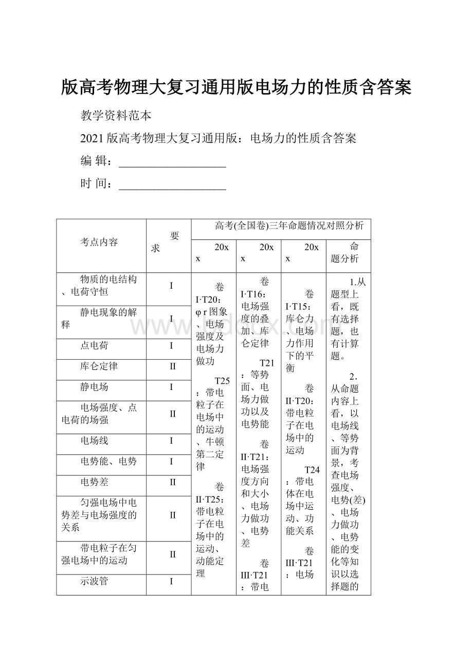 版高考物理大复习通用版电场力的性质含答案.docx_第1页