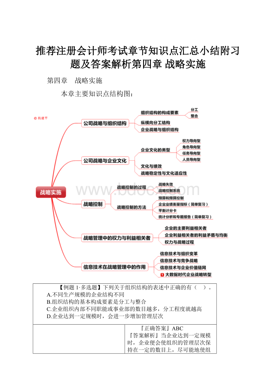 推荐注册会计师考试章节知识点汇总小结附习题及答案解析第四章 战略实施.docx_第1页