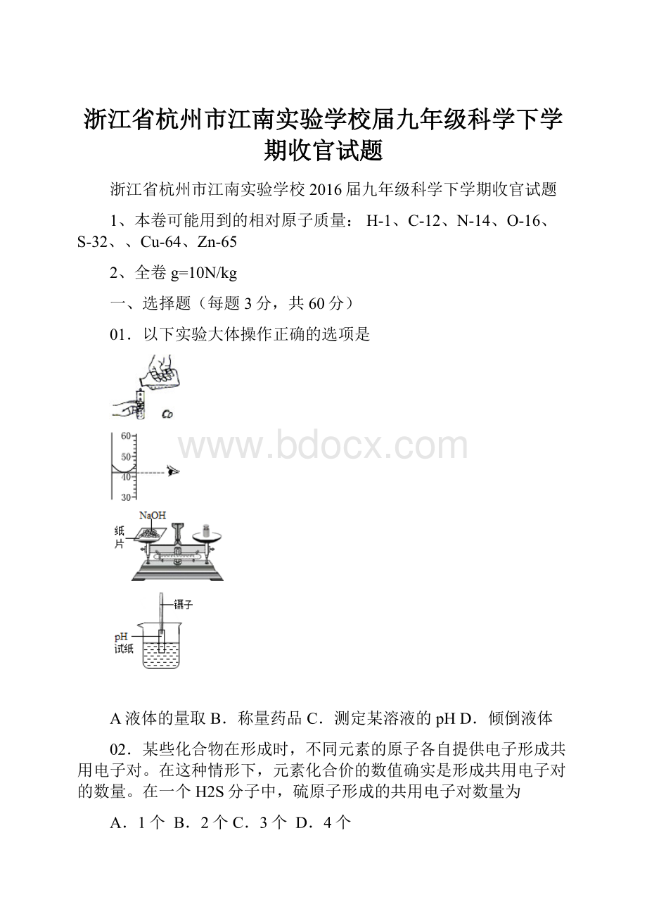 浙江省杭州市江南实验学校届九年级科学下学期收官试题.docx_第1页