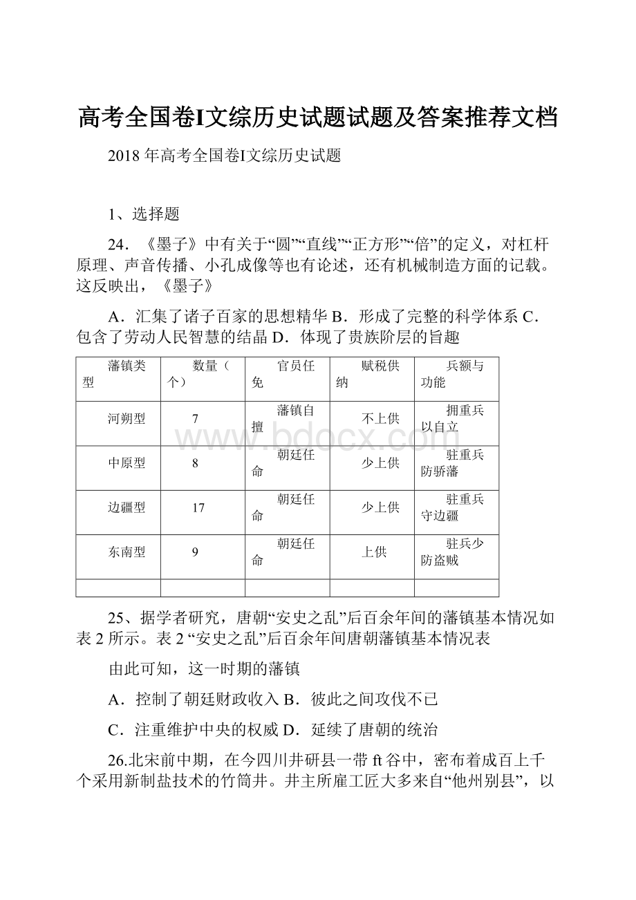 高考全国卷Ⅰ文综历史试题试题及答案推荐文档.docx_第1页