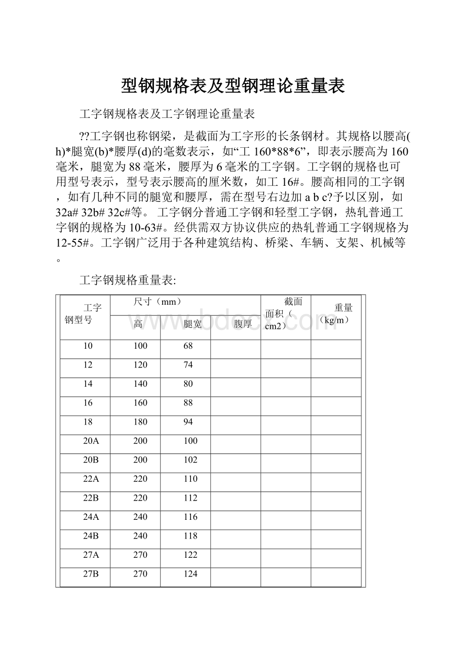 型钢规格表及型钢理论重量表.docx