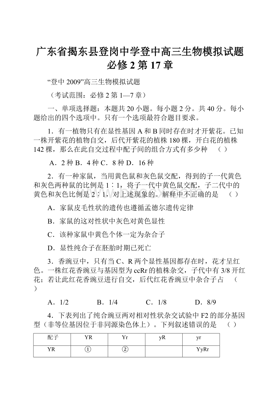 广东省揭东县登岗中学登中高三生物模拟试题必修2第17章.docx_第1页