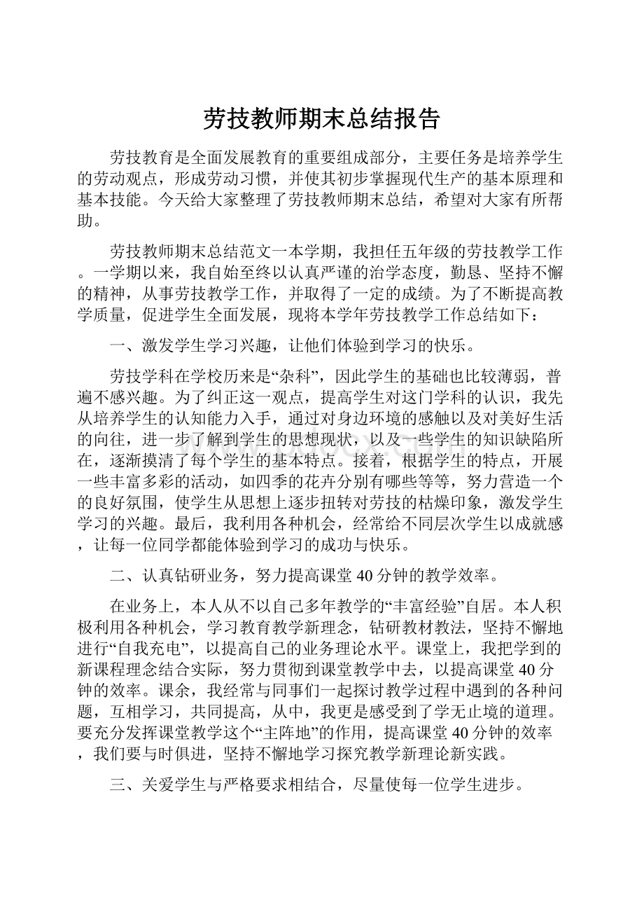 劳技教师期末总结报告.docx