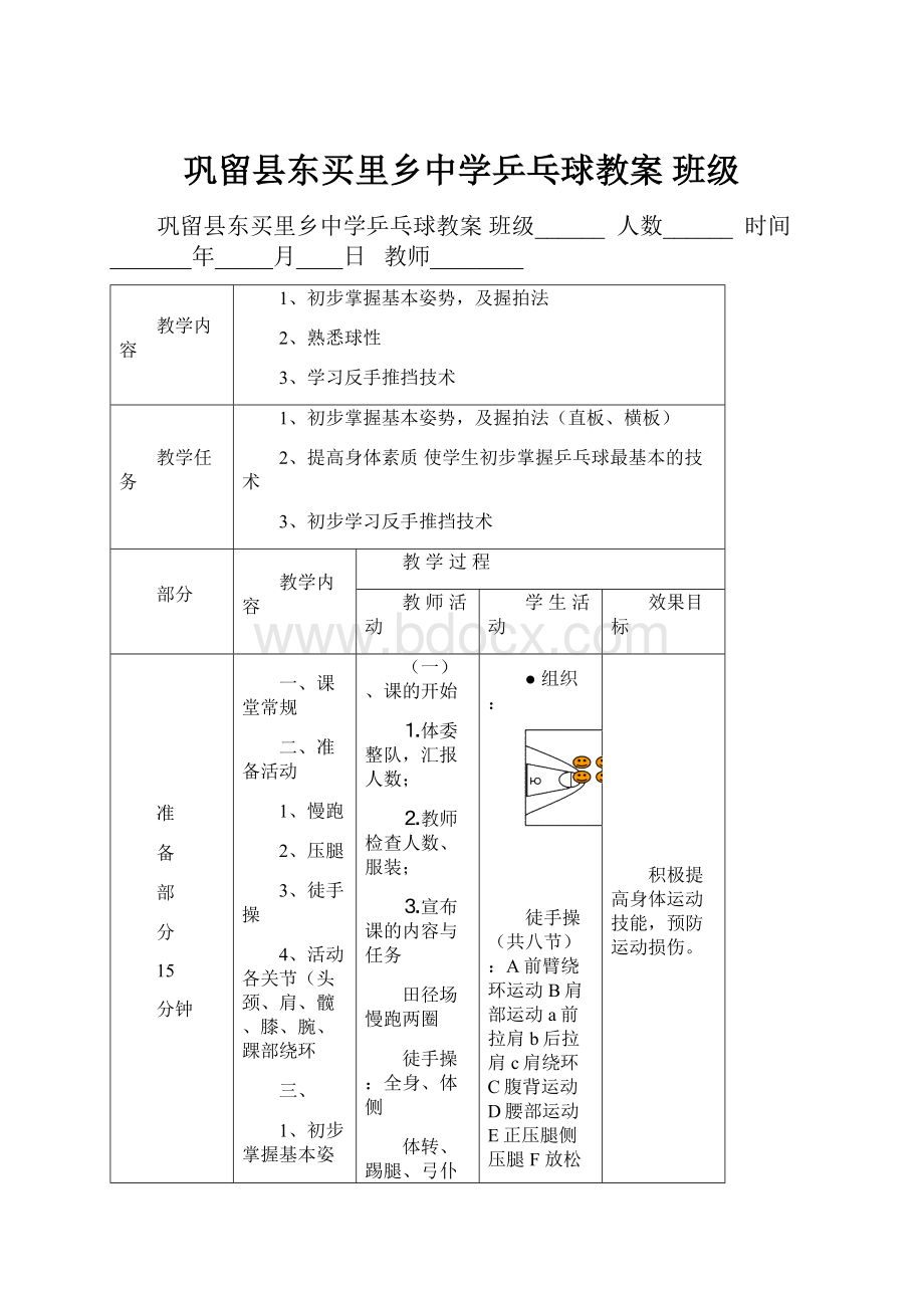 巩留县东买里乡中学乒乓球教案班级.docx_第1页