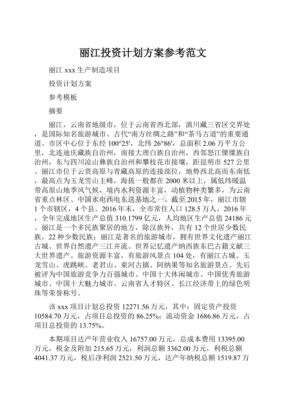 丽江投资计划方案参考范文.docx_第1页