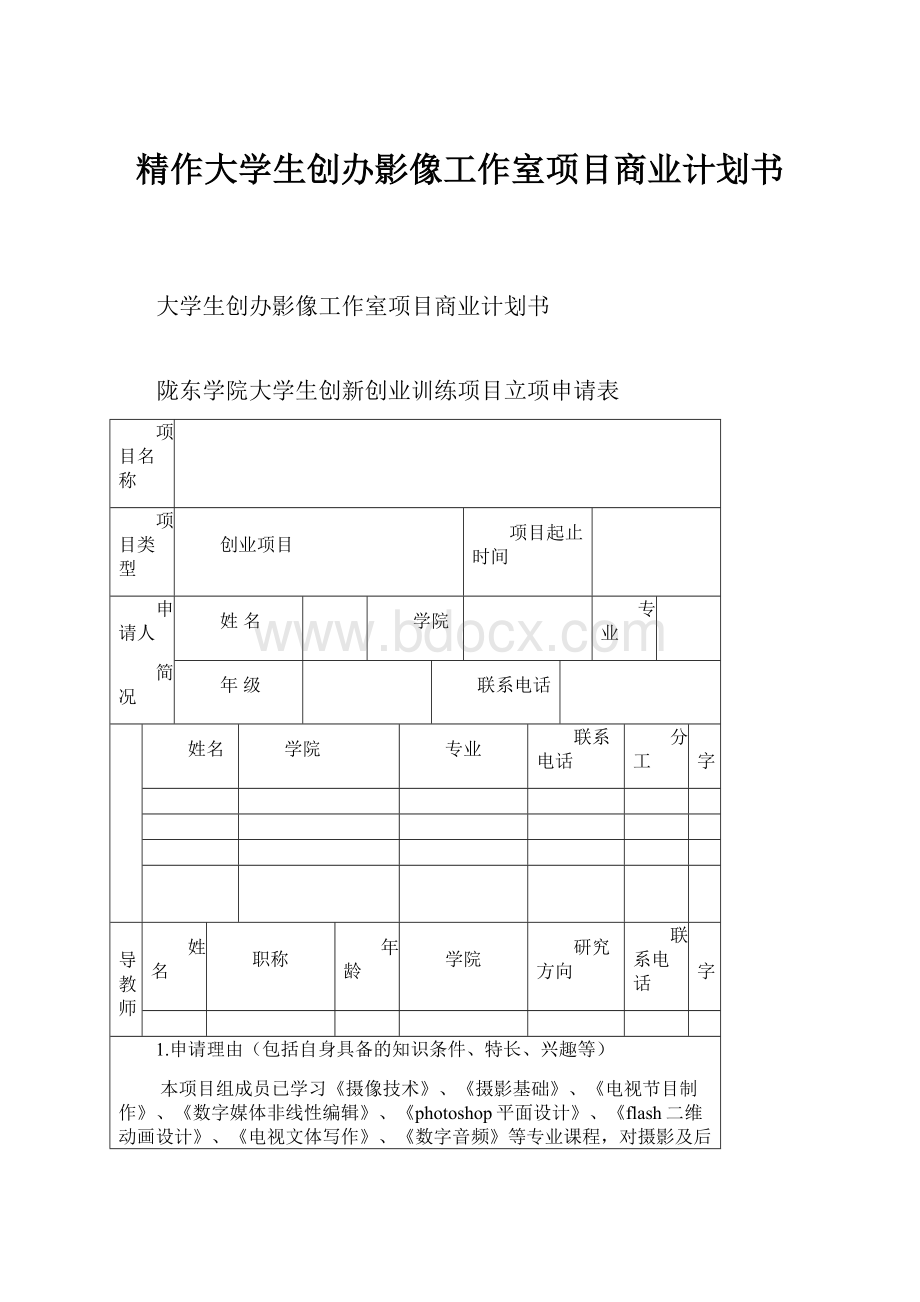 精作大学生创办影像工作室项目商业计划书.docx_第1页