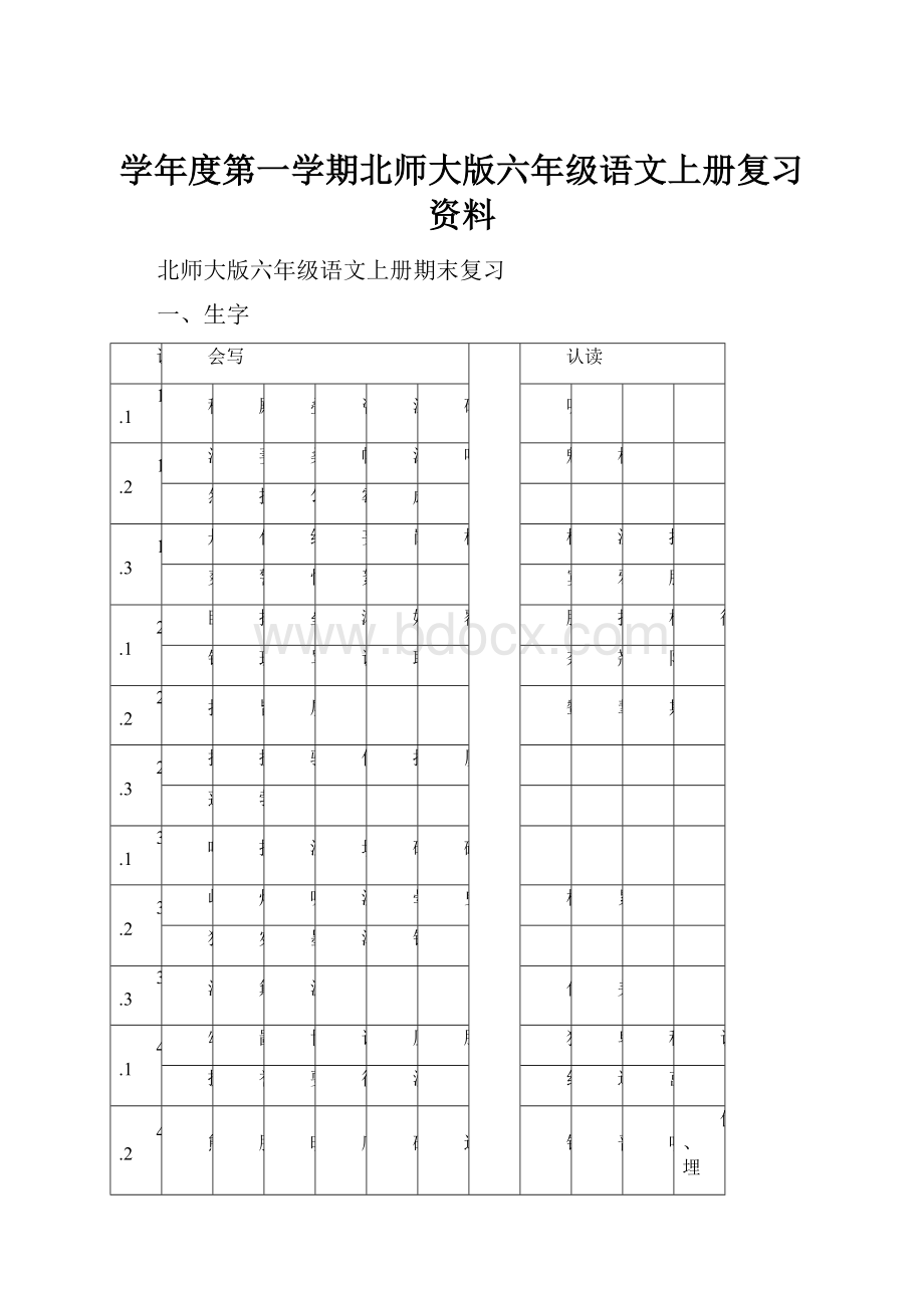 学年度第一学期北师大版六年级语文上册复习资料.docx_第1页