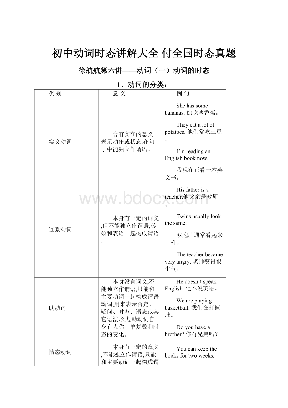 初中动词时态讲解大全 付全国时态真题.docx