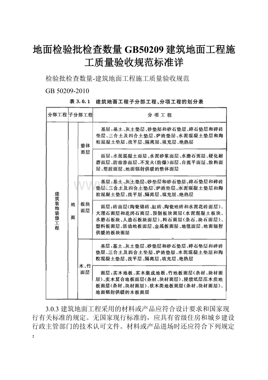 地面检验批检查数量GB50209建筑地面工程施工质量验收规范标准详.docx