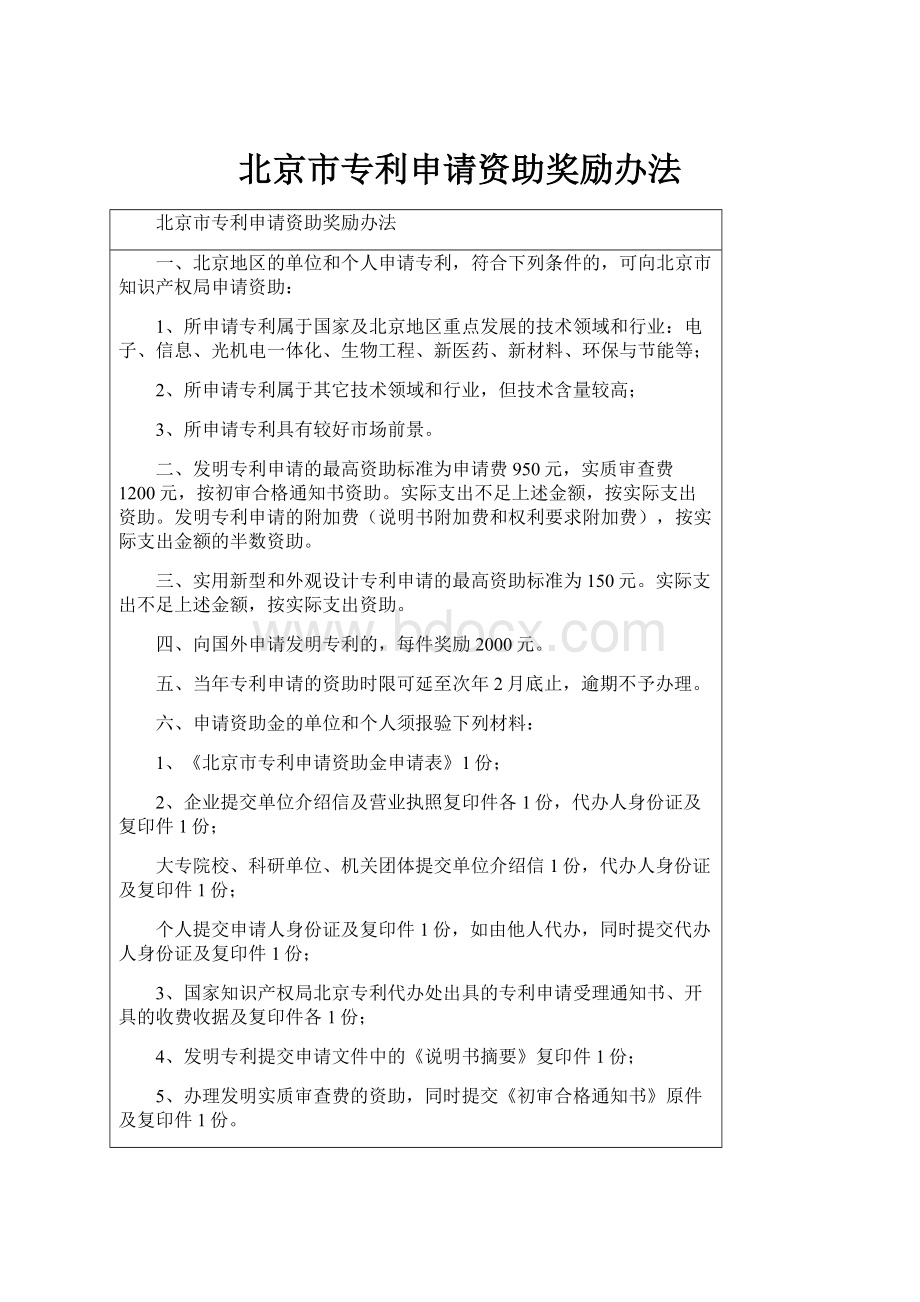 北京市专利申请资助奖励办法Word文档下载推荐.docx_第1页