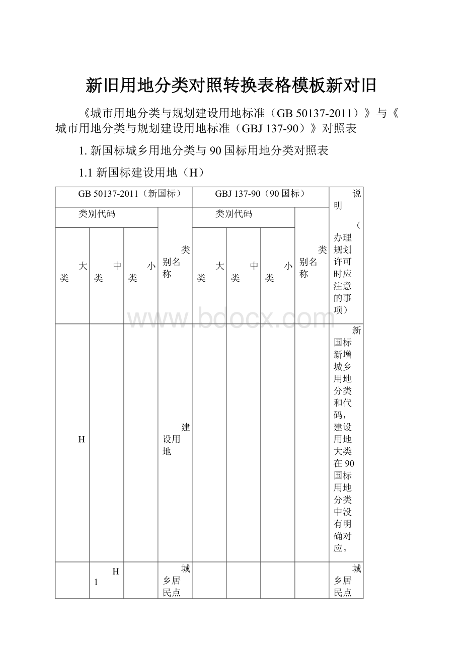 新旧用地分类对照转换表格模板新对旧Word下载.docx