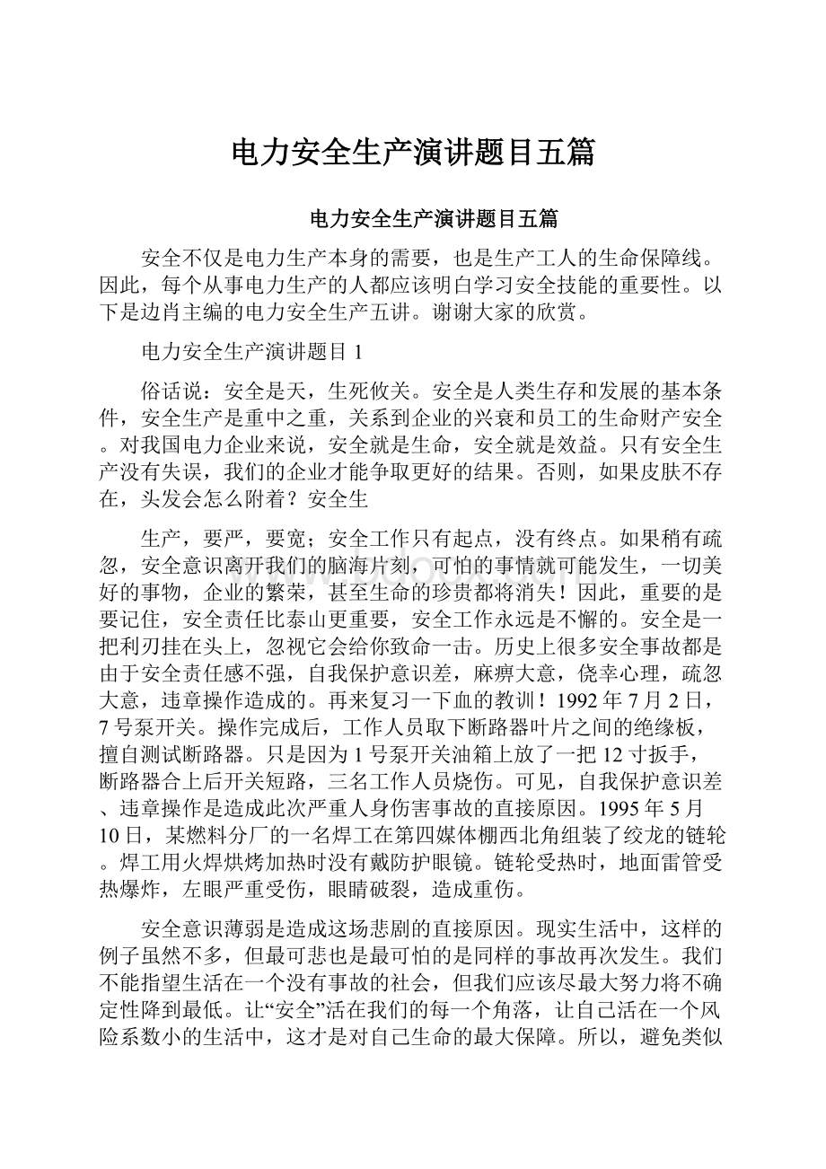 电力安全生产演讲题目五篇Word格式文档下载.docx_第1页