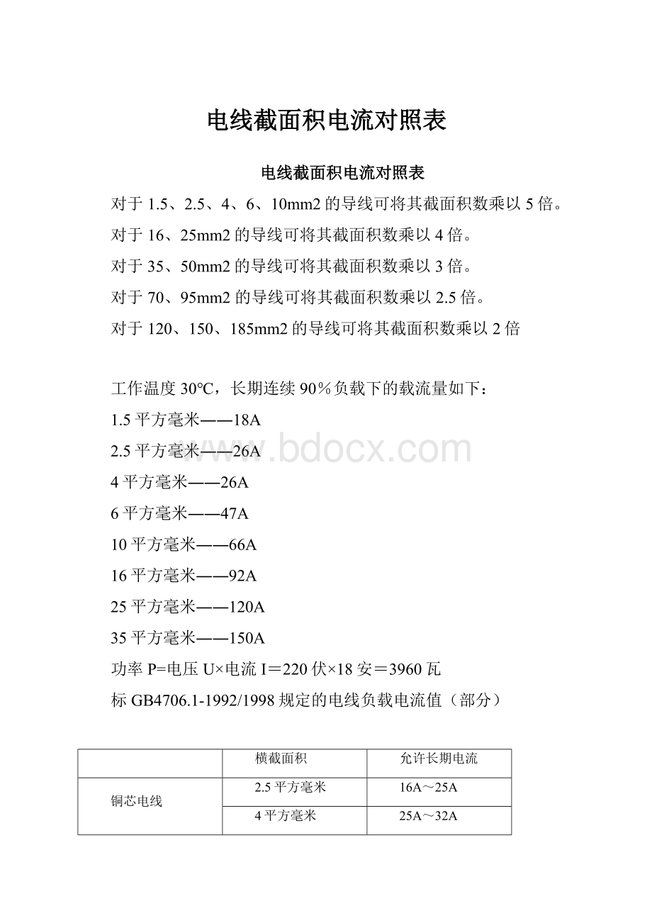 电线截面积电流对照表.docx