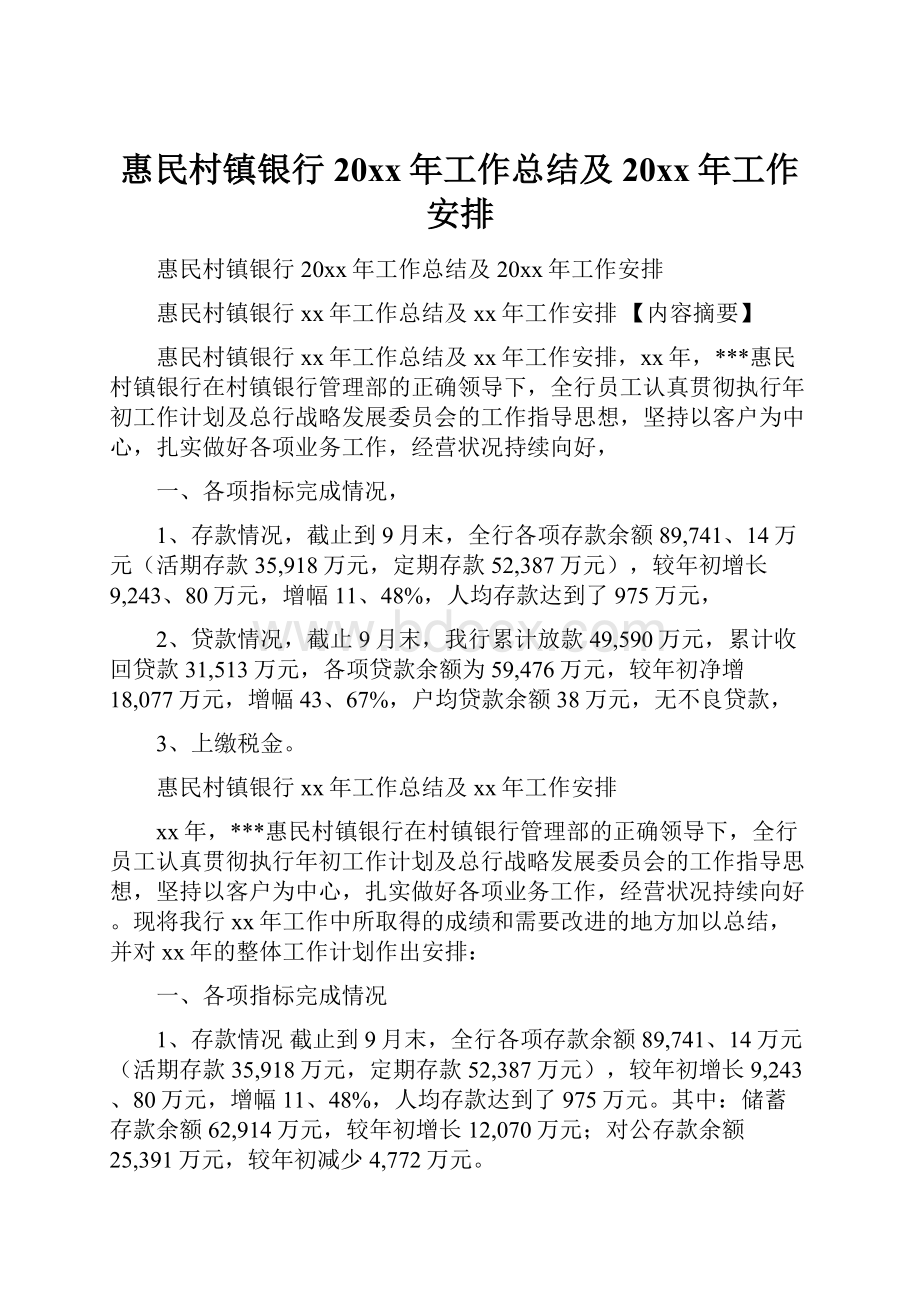 惠民村镇银行20xx年工作总结及20xx年工作安排.docx