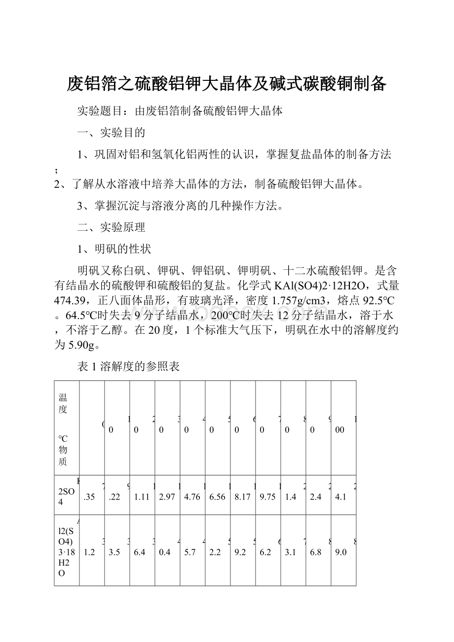 废铝箔之硫酸铝钾大晶体及碱式碳酸铜制备.docx