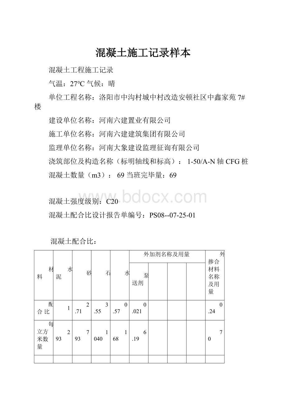 混凝土施工记录样本.docx