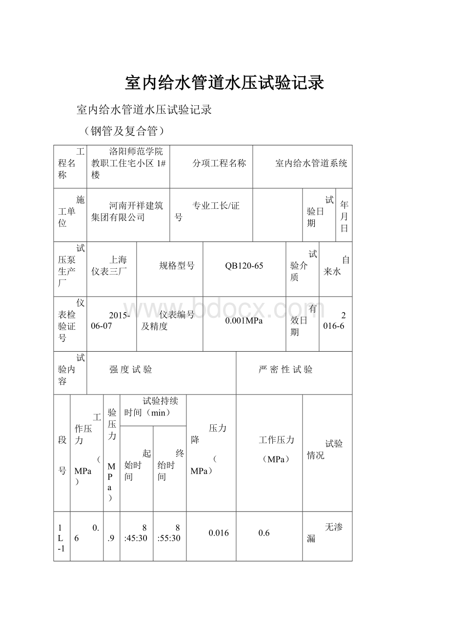 室内给水管道水压试验记录Word文件下载.docx_第1页