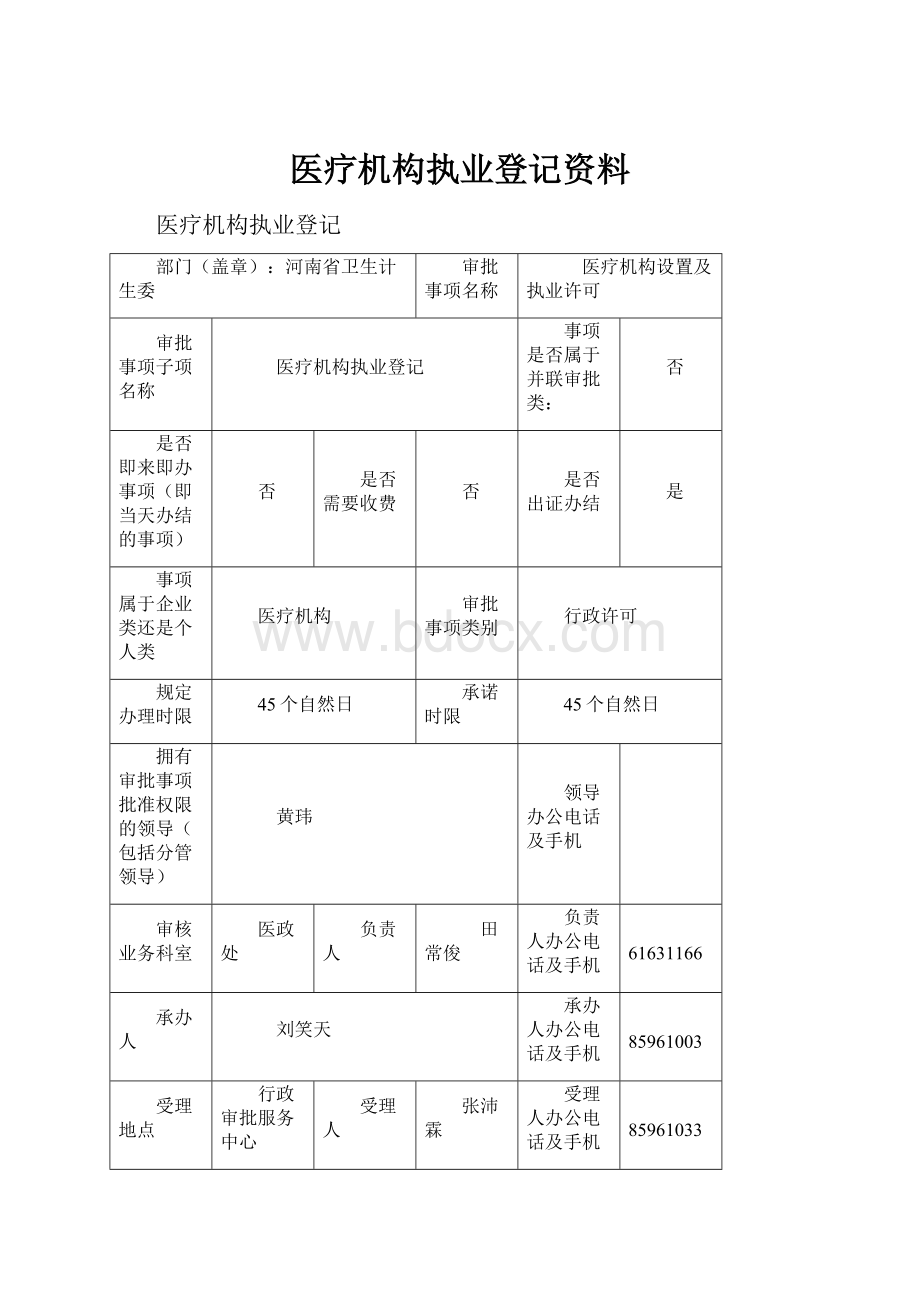 医疗机构执业登记资料Word格式.docx