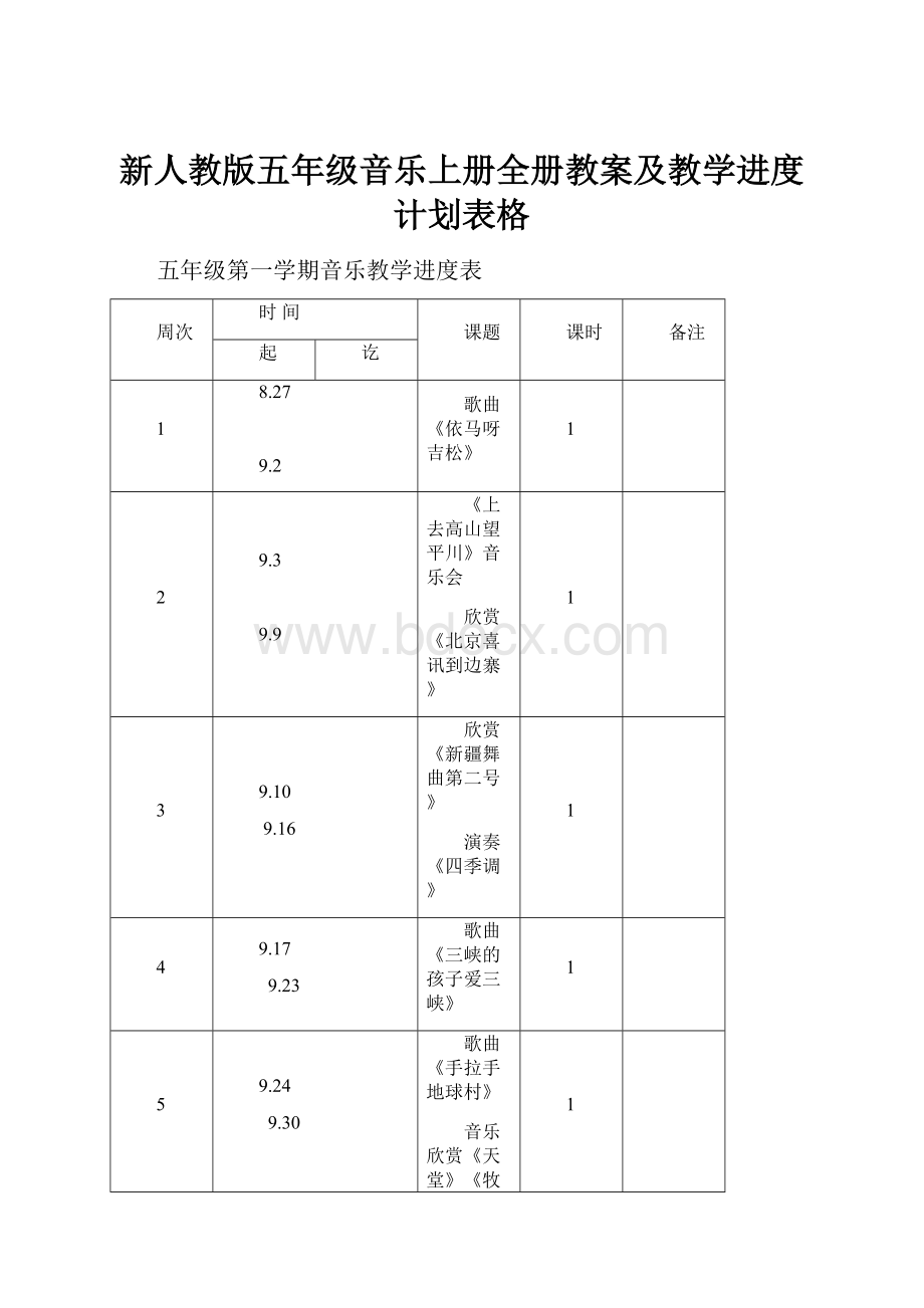 新人教版五年级音乐上册全册教案及教学进度计划表格.docx_第1页