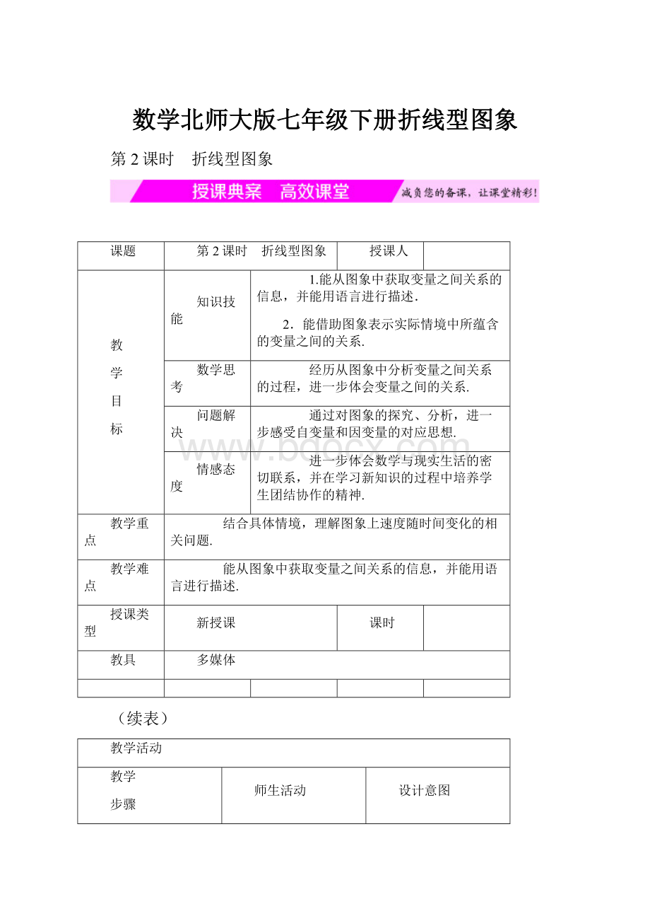 数学北师大版七年级下册折线型图象Word格式.docx