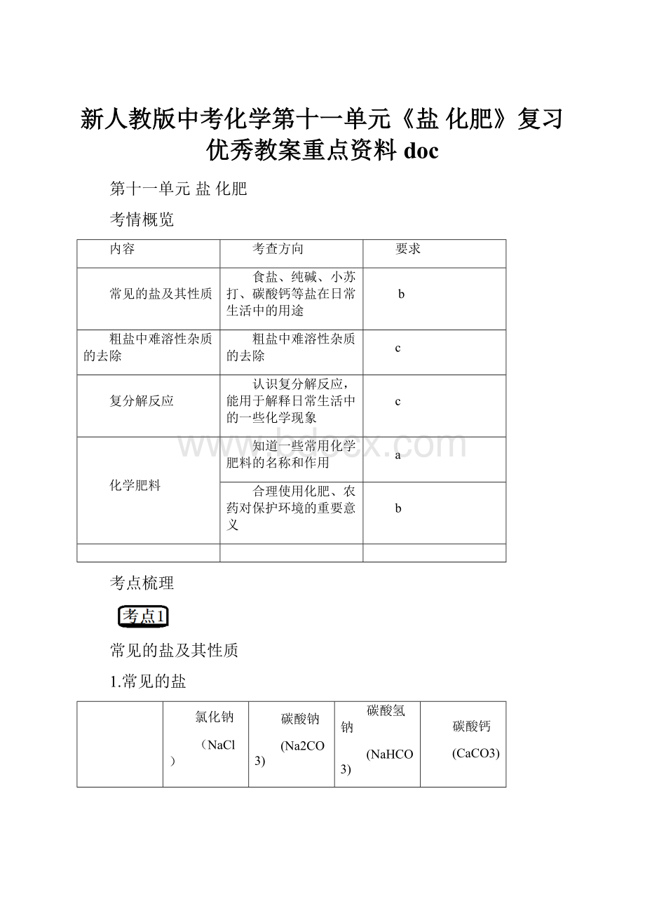 新人教版中考化学第十一单元《盐 化肥》复习优秀教案重点资料doc.docx