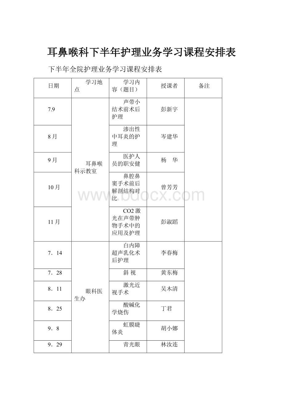 耳鼻喉科下半年护理业务学习课程安排表.docx