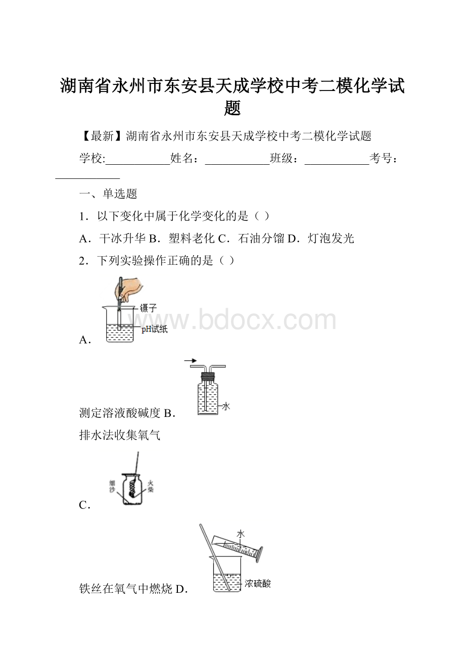 湖南省永州市东安县天成学校中考二模化学试题.docx