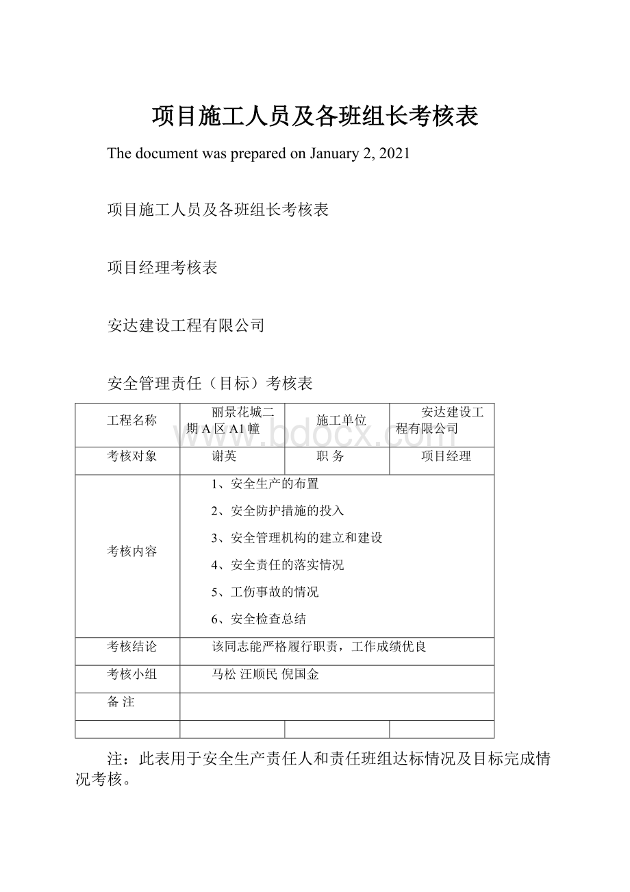 项目施工人员及各班组长考核表.docx_第1页